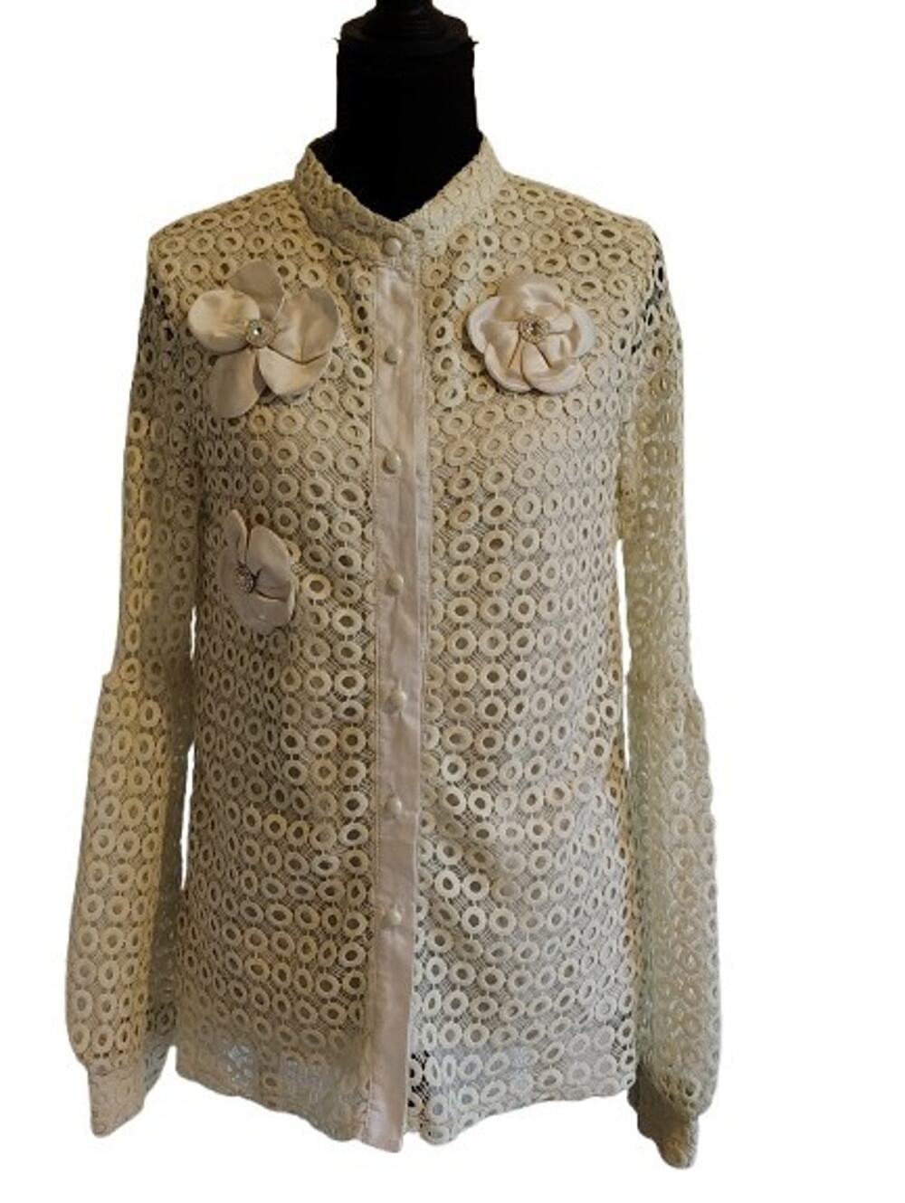 Vintage 1960s 1970s Handmade White Eyelet Lace Blouse 3D Satin Floral Applique